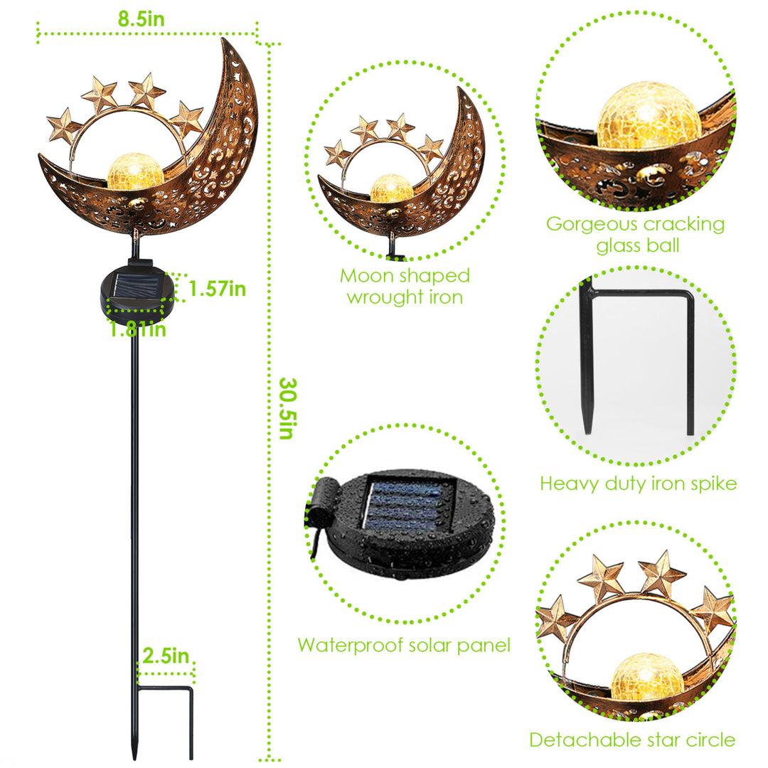 Solar Powered Stake Lamp IP54 Waterproof Decorative Sun Moon Crack Glass 2 Pack Image 3