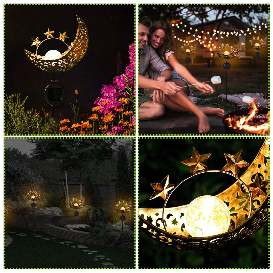 Solar Powered Stake Lamp IP54 Waterproof Decorative Sun Moon Crack Glass 2 Pack Image 8