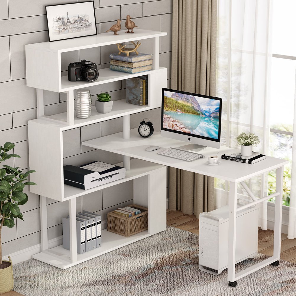 Tribesigns L-Shaped Rotating Computer Desk with 5 Shelves Modern Corner Storage Image 1