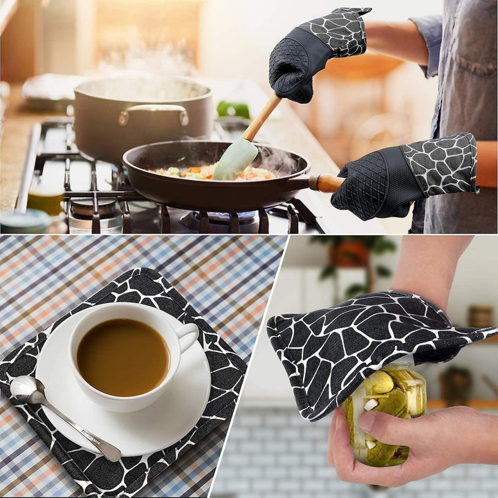 4pcs Silicone Oven Mitts And Pot Holders Set Heat Resistant Backing Gloves Kitchen Tool Image 5