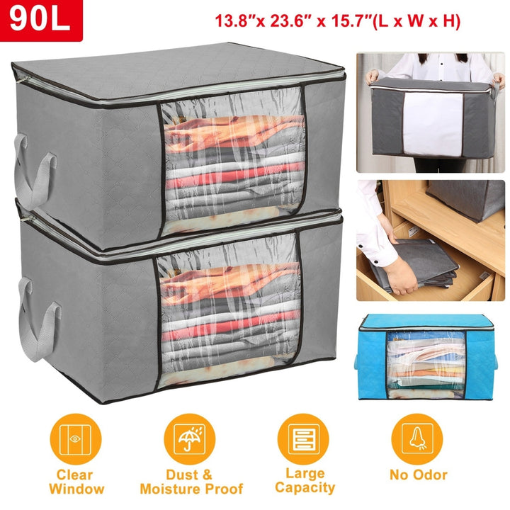 2Pcs 90L Clothes Storage Bag Foldable Organizer with Clear Window Blue Grey Image 1