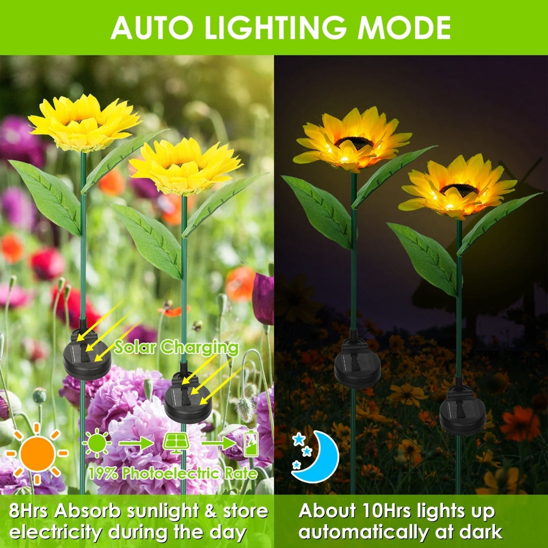 2Pcs Solar Powered Sunflower Lights 10 LED IP65 Waterproof Garden Stake Lamp Image 2