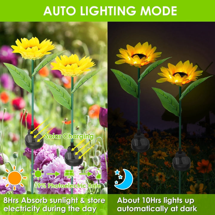 2Pcs Solar Powered Sunflower Lights 10 LED IP65 Waterproof Garden Stake Lamp Image 2