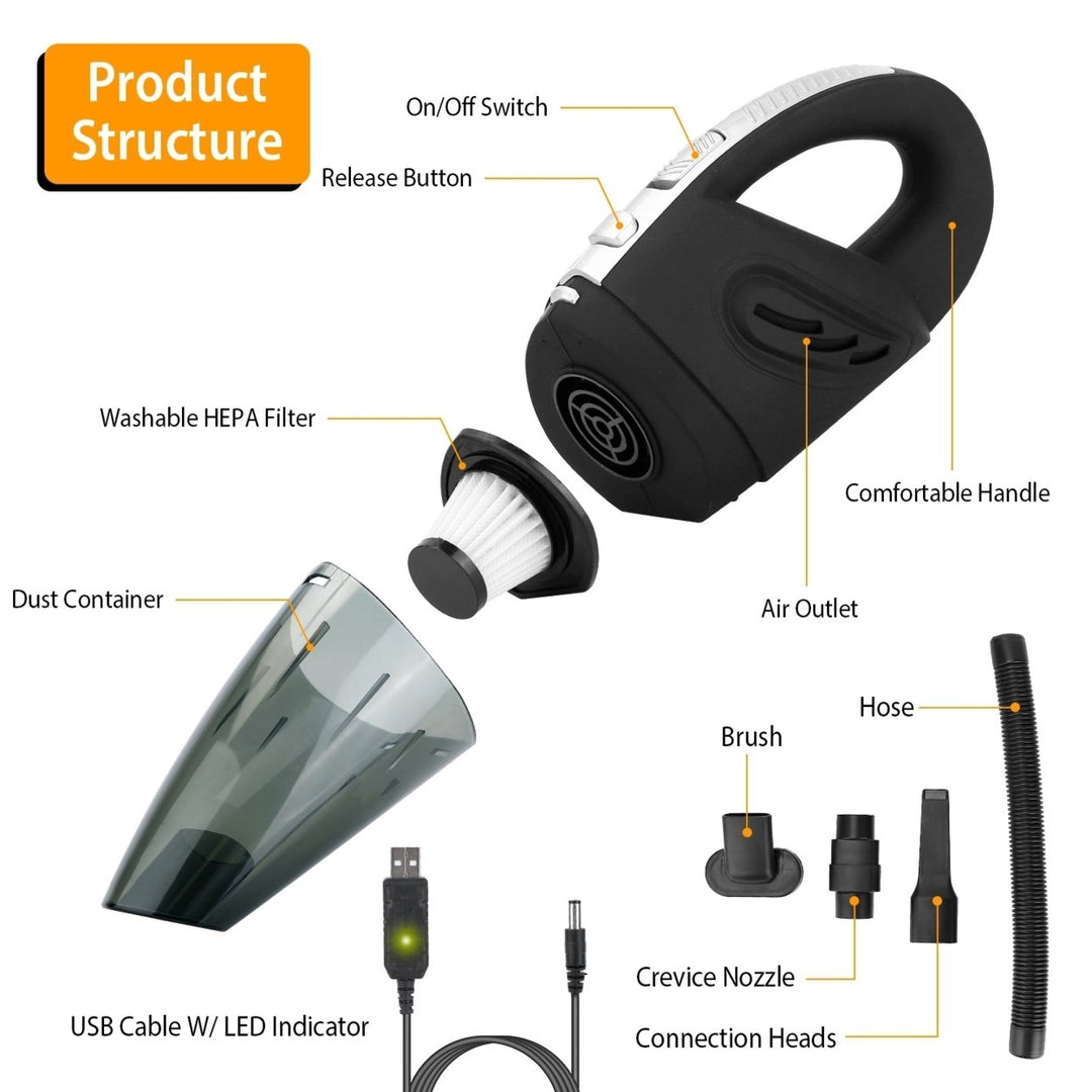 Cordless Handheld Car Vacuum Cleaner 4800PA Rechargeable Portable Black 2000mAh Image 3