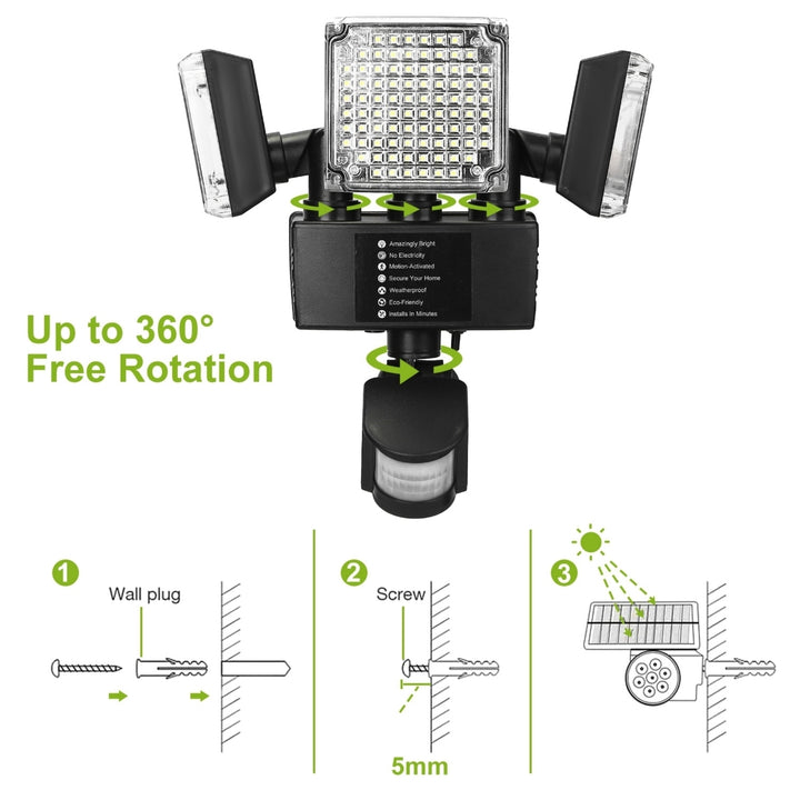 Solar Security Lights Outdoor 188 LEDs 1600lm Motion Sensor Waterproof 3 Heads Image 7