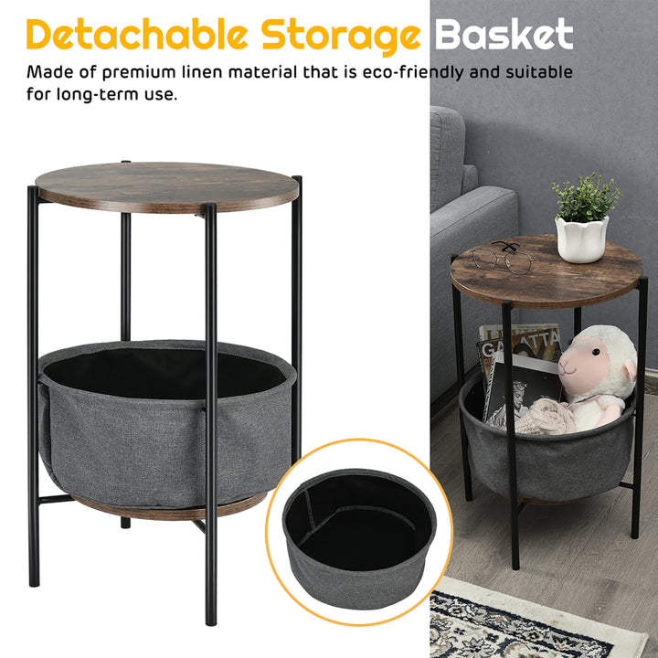 Industrial Round End Side Table Sofa Coffee Table w/ Storage BasketandMetal Frame Image 5