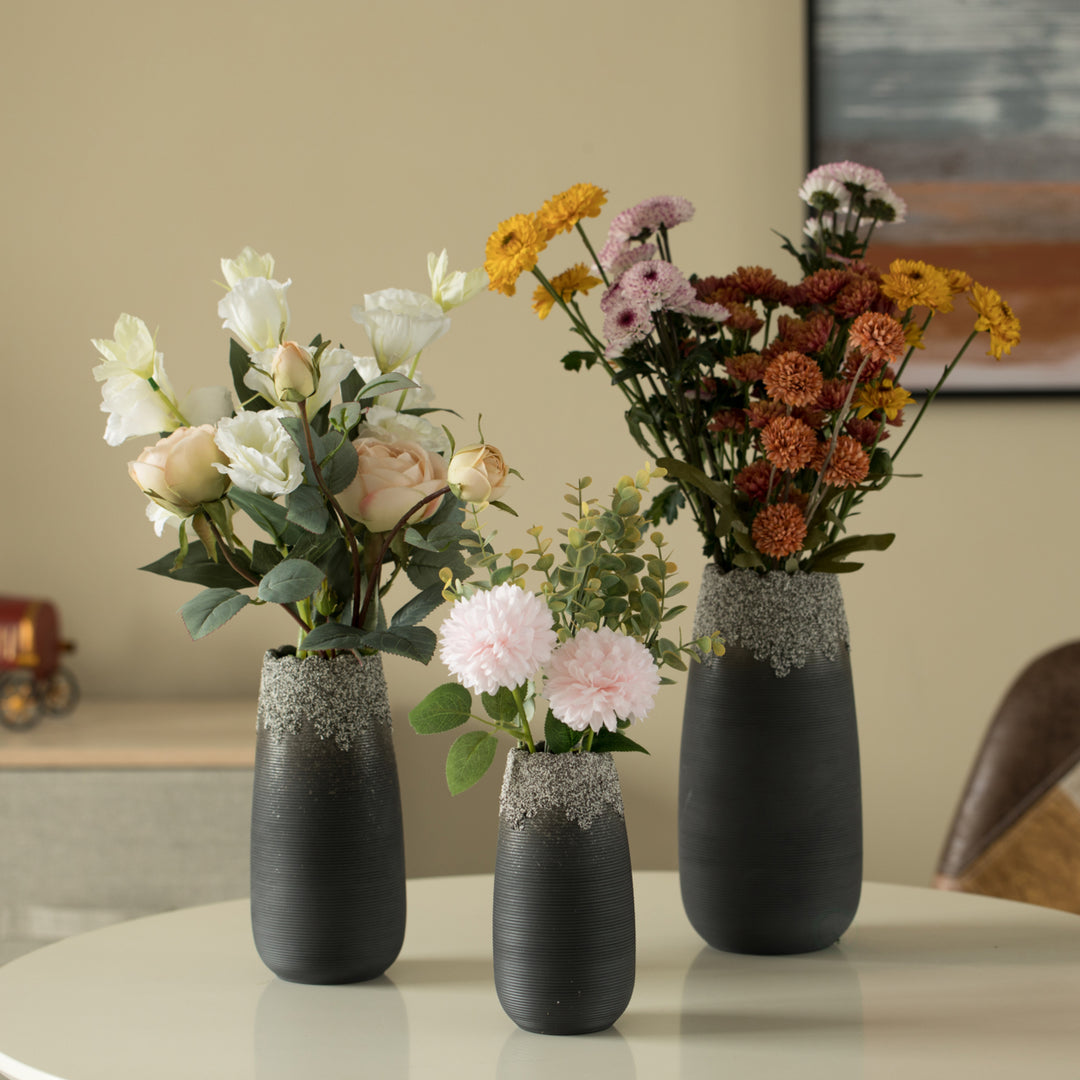 Contemporary Black Ceramic Table Vase 10in Dripping Crystal Scalloped Design Image 1