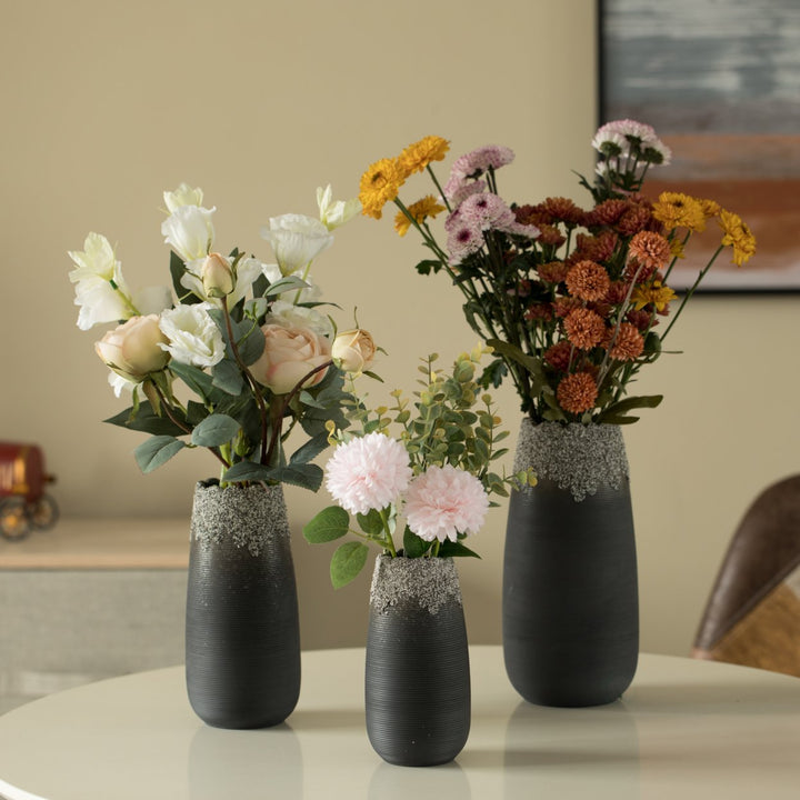 Contemporary Black Ceramic Table Vase 10in Dripping Crystal Scalloped Design Image 1