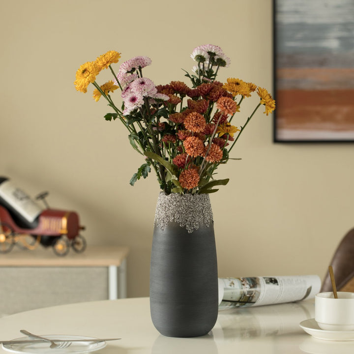 Contemporary Black Ceramic Table Vase 10in Dripping Crystal Scalloped Design Image 9