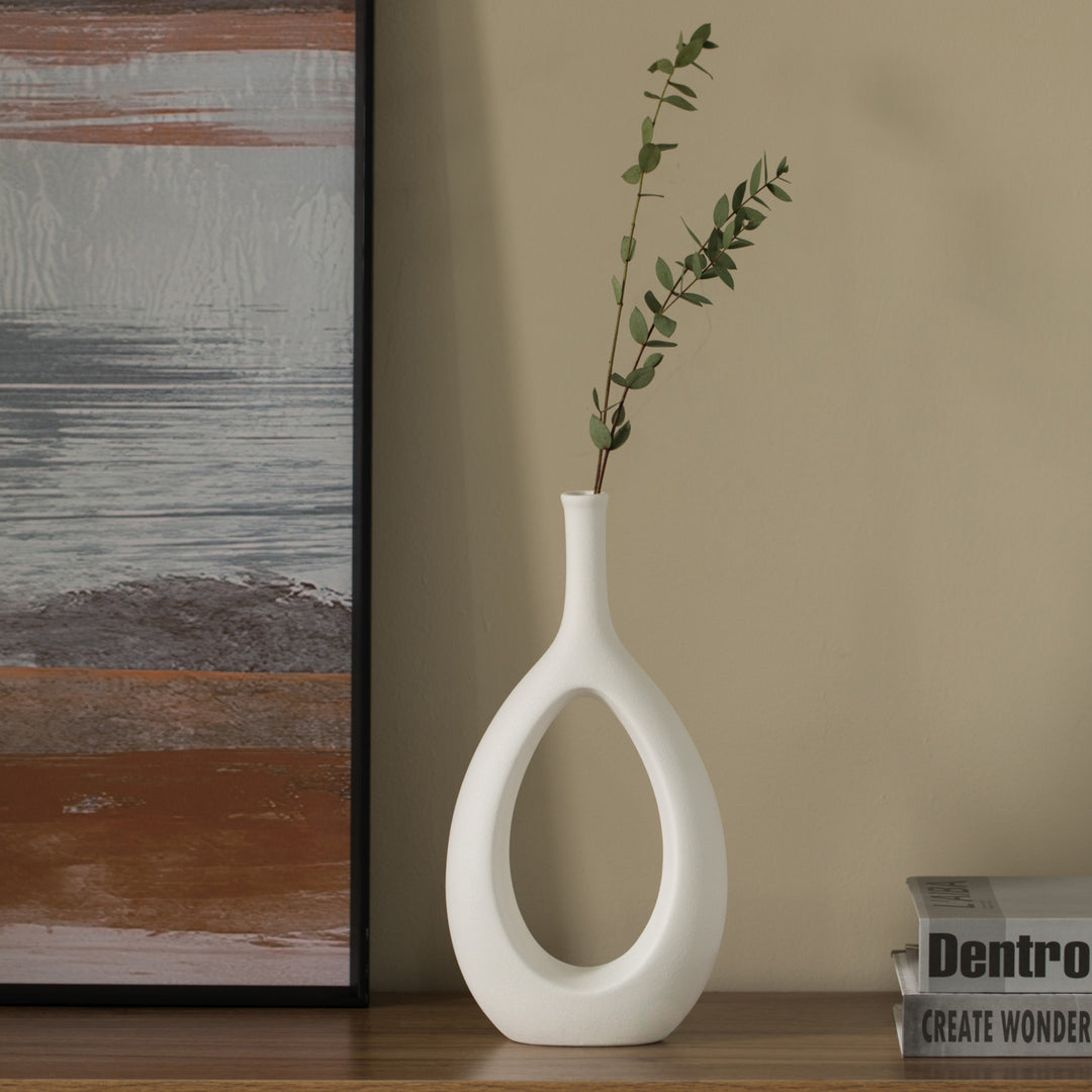 Contemporary White Ceramic Unique Shaped Flower Table Vase Centerpiece Image 4