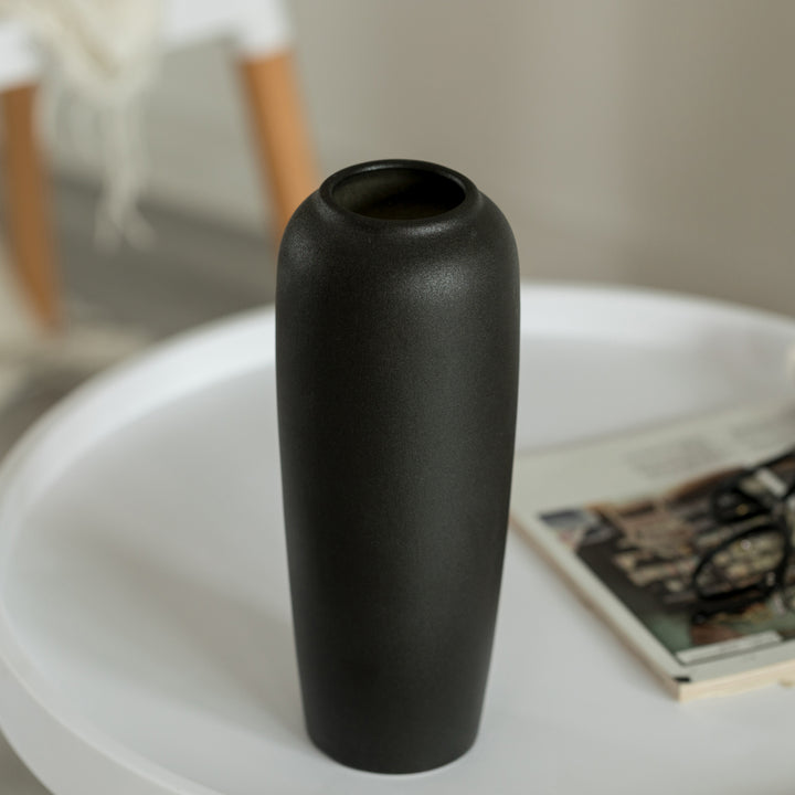 Modern Contemporary Black Ceramic Cylinder Shaped Table Flower Vase Holder  Elegant 10.5 Inch Tall Decorative Vase for Image 6