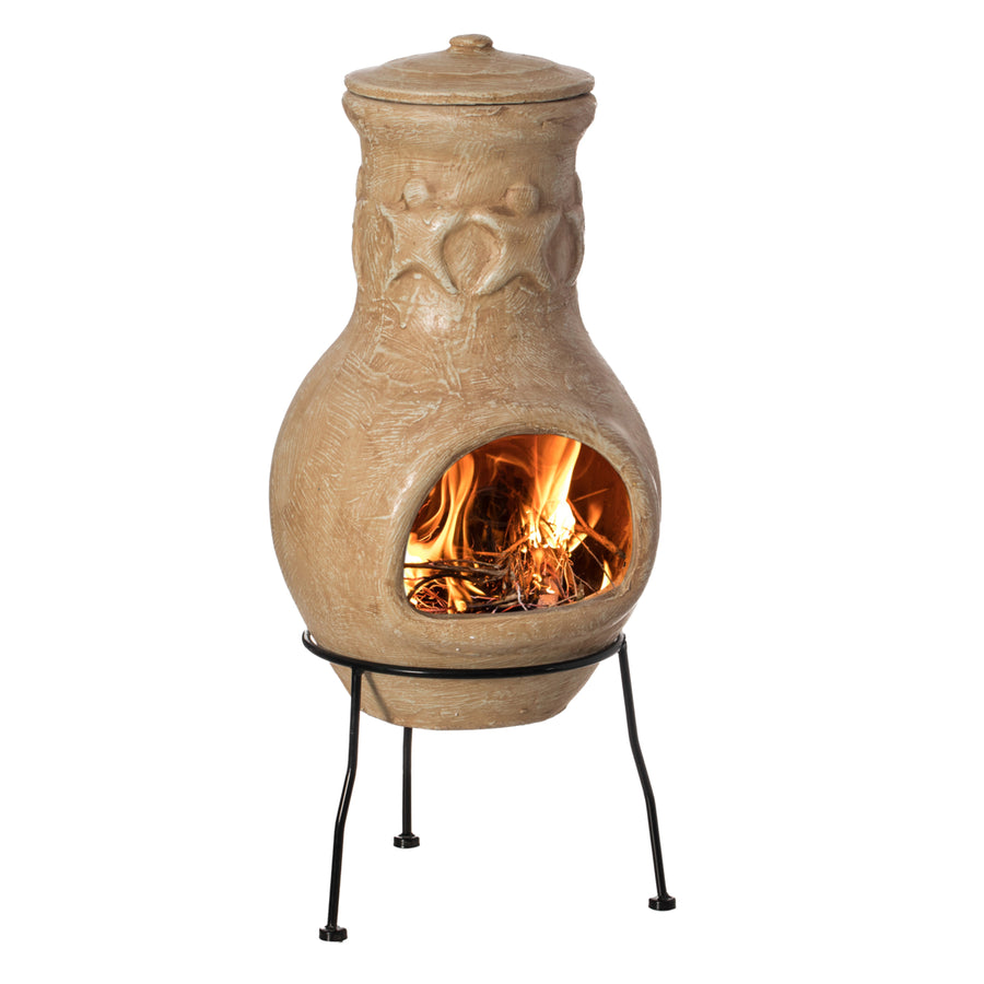 Beige Clay Chiminea Fire Pit 19" Outdoor Fireplace Maya Design Charcoal Stand Image 1