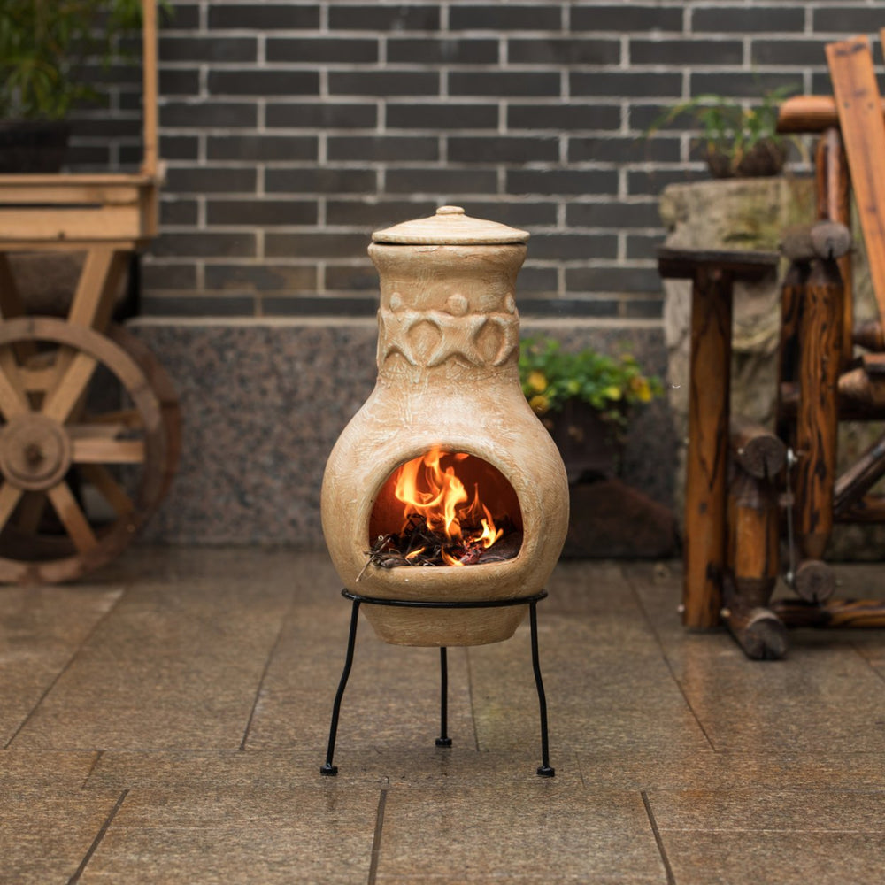 Beige Clay Chiminea Fire Pit 19" Outdoor Fireplace Maya Design Charcoal Stand Image 2