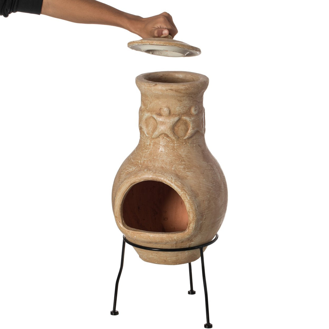 Beige Clay Chiminea Fire Pit 19" Outdoor Fireplace Maya Design Charcoal Stand Image 3