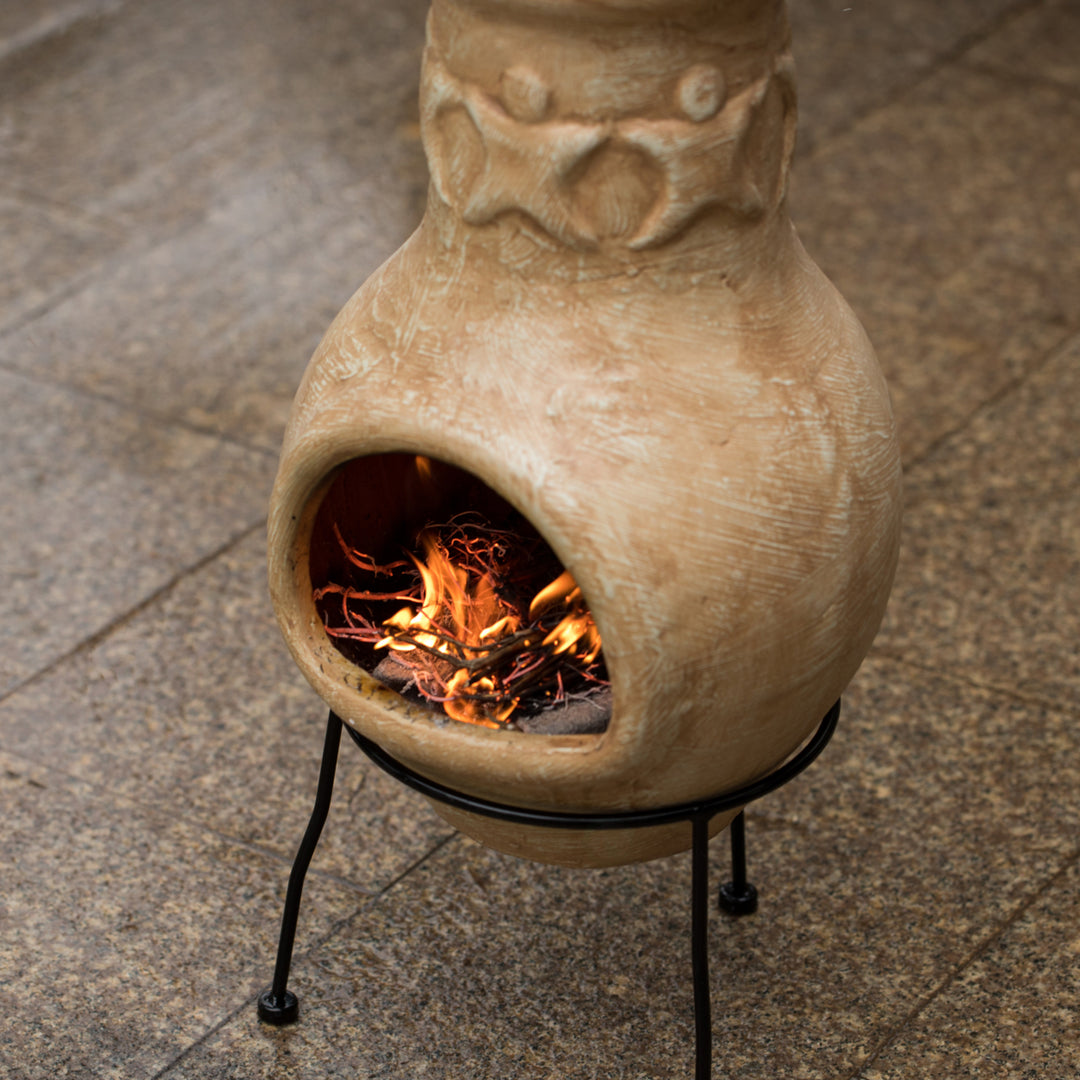 Beige Clay Chiminea Fire Pit 19" Outdoor Fireplace Maya Design Charcoal Stand Image 5