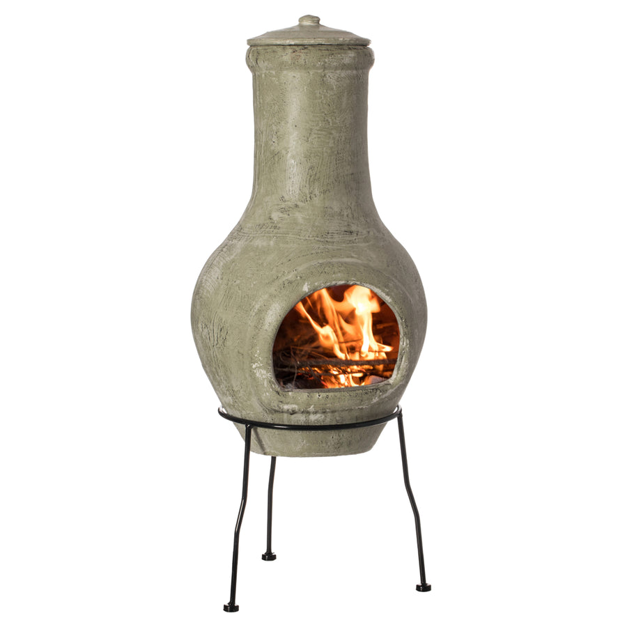 Beige Clay Chiminea Outdoor Fireplace 12in Charcoal Fire Pit Metal Stand Image 1