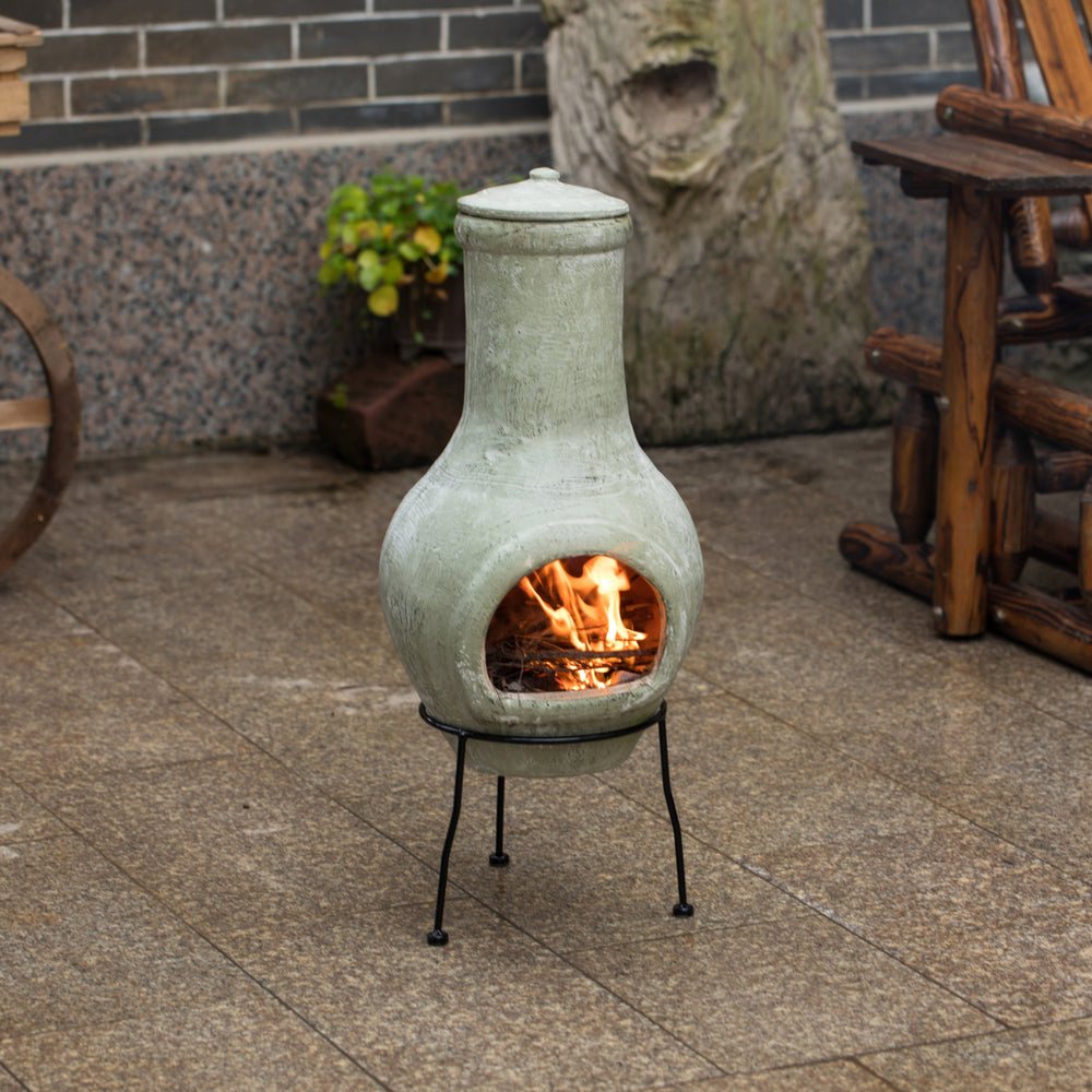 Beige Clay Chiminea Outdoor Fireplace 12in Charcoal Fire Pit Metal Stand Image 2