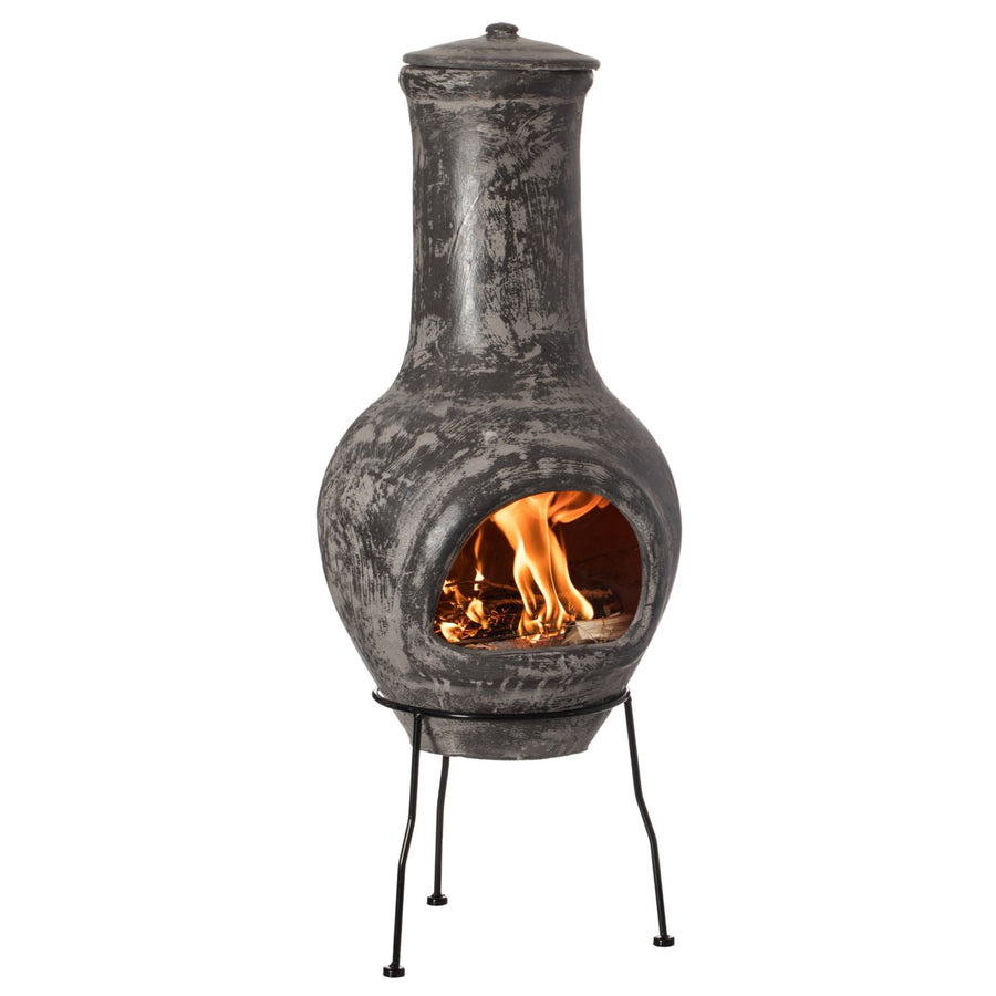 Gray Outdoor Clay Chiminea Fireplace Stoney Scribbled Design Charcoal Burning Fire Pit with Sturdy Metal Stand, Image 1
