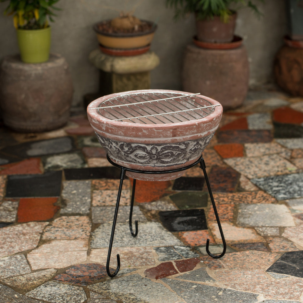 Outdoor Clay Fire Pit Red Gray Accent Design 13.25 Inch Charcoal Burning Stand Image 2