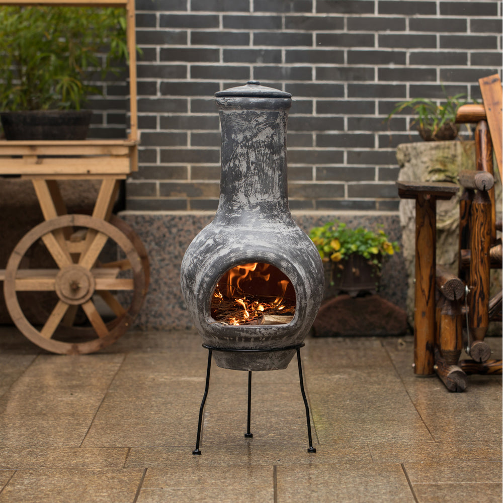 Gray Outdoor Clay Chiminea Fireplace Stoney Scribbled Design Charcoal Burning Fire Pit with Sturdy Metal Stand, Image 2