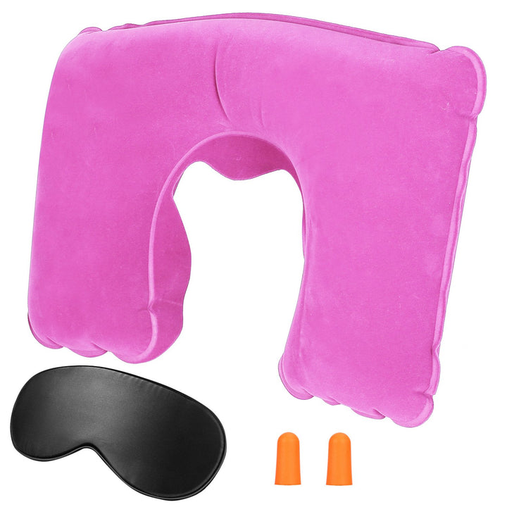 Inflatable U Shape Neck Pillow Black Travel Support with Eye Mask and Ear Plugs Image 1