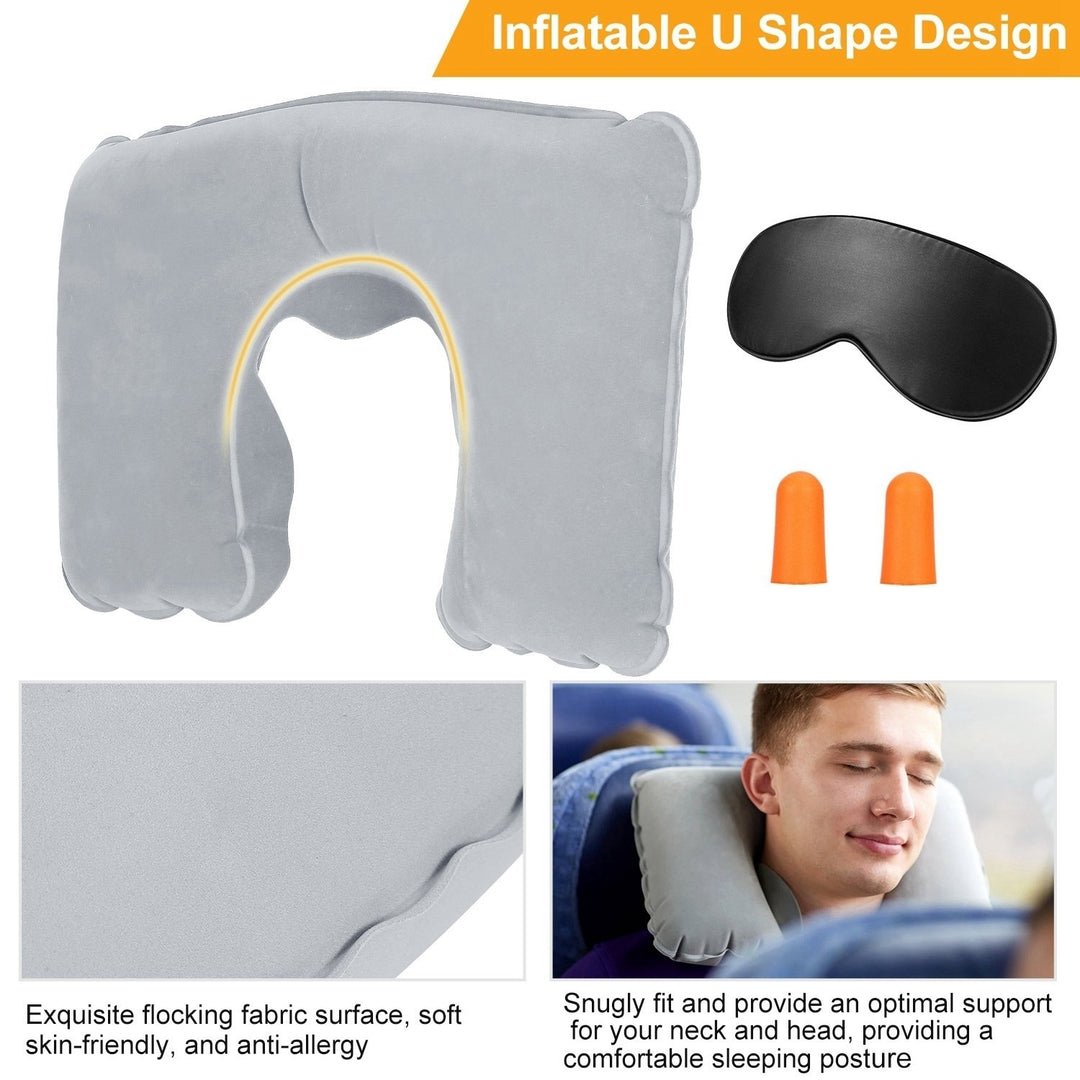 Inflatable U Shape Neck Pillow Black Travel Support with Eye Mask and Ear Plugs Image 3