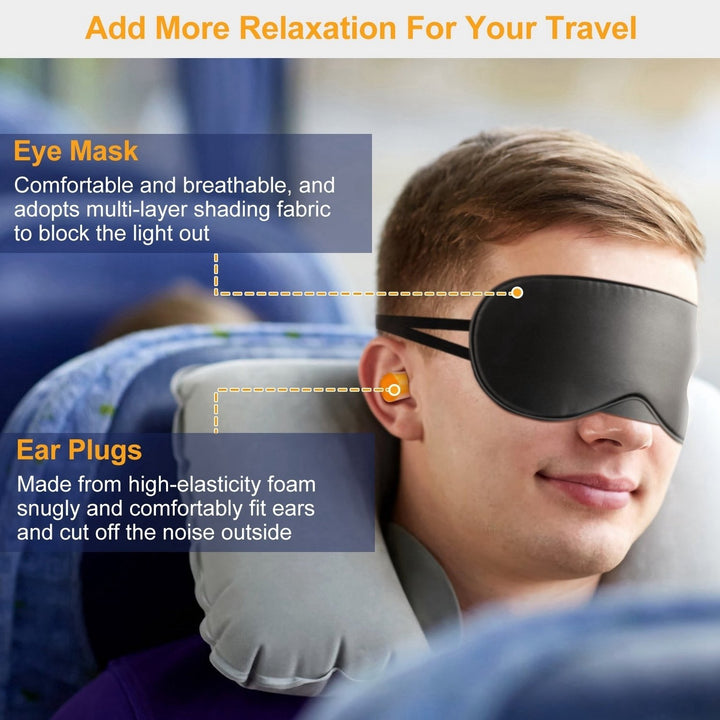 Inflatable U Shape Neck Pillow Black Travel Support with Eye Mask and Ear Plugs Image 4