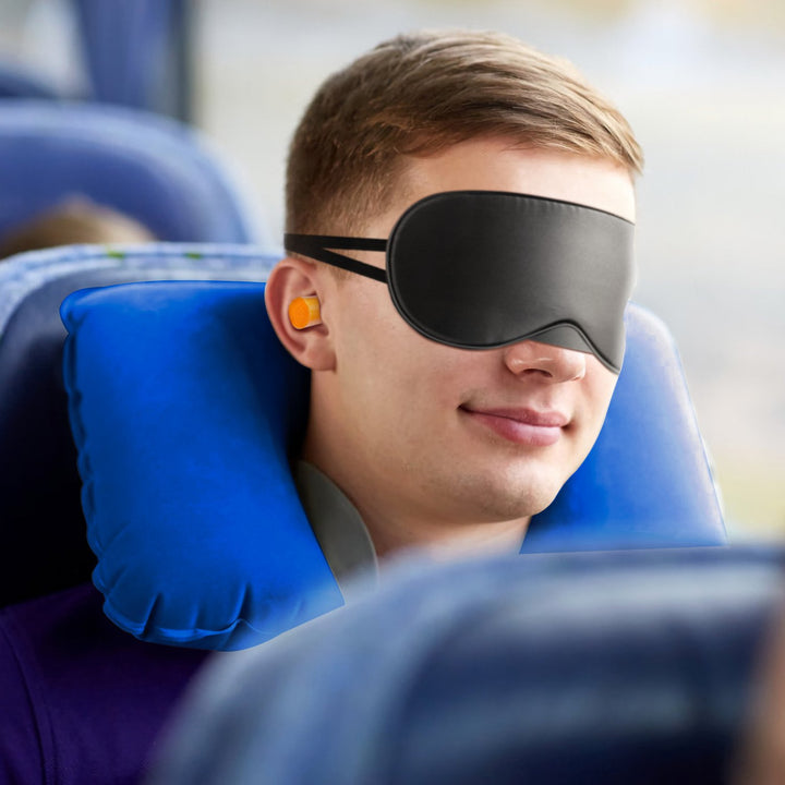 Inflatable U Shape Neck Pillow Black Travel Support with Eye Mask and Ear Plugs Image 6