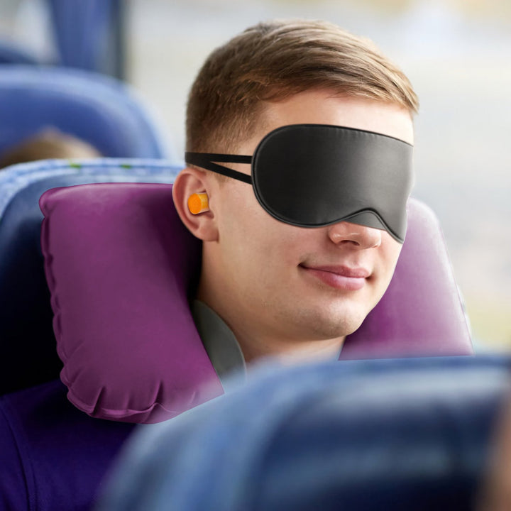 Inflatable U Shape Neck Pillow Black Travel Support with Eye Mask and Ear Plugs Image 8