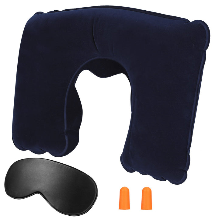 Inflatable U Shape Neck Pillow Black Travel Support with Eye Mask and Ear Plugs Image 9