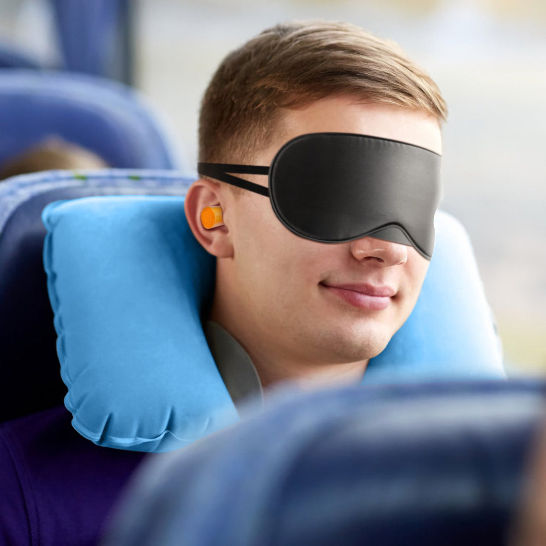 Inflatable U Shape Neck Pillow Black Travel Support with Eye Mask and Ear Plugs Image 10