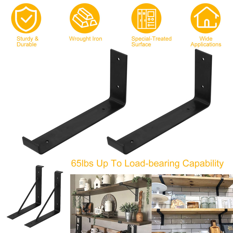 Heavy Duty Wall Mounted Shelf Bracket Black Wrought Iron 2 Pack 9x8.6 inch Image 1