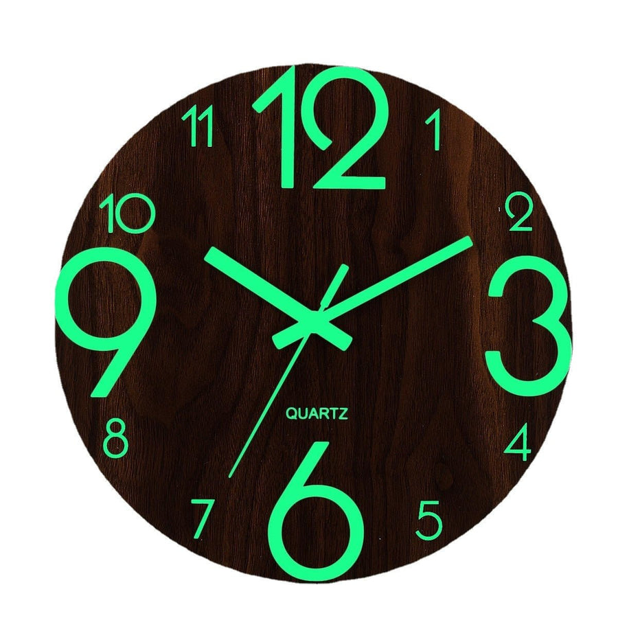 12" Luminous Wall Clock Quartz Wooden Silent Non Ticking Dark Home Room Decor Image 1