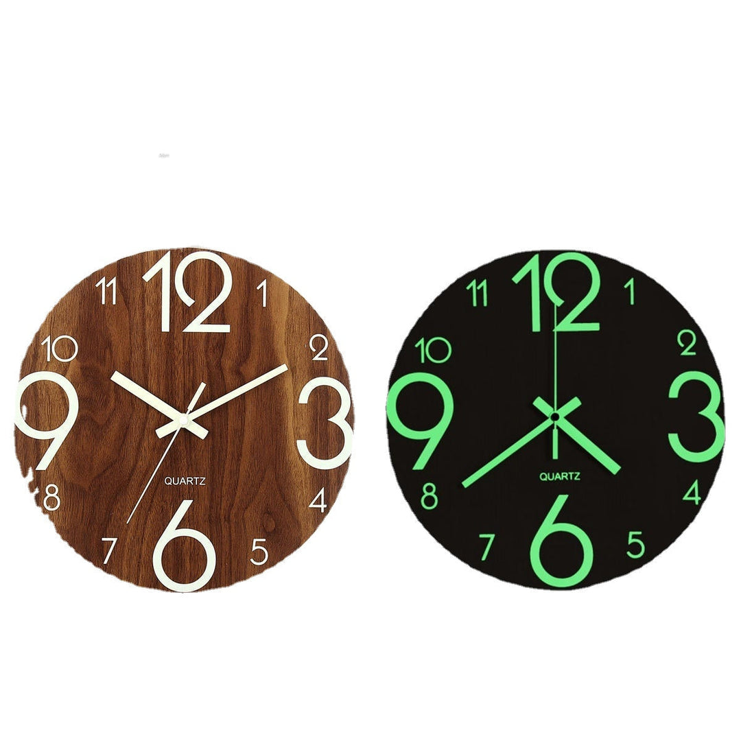 12" Luminous Wall Clock Quartz Wooden Silent Non Ticking Dark Home Room Decor Image 2