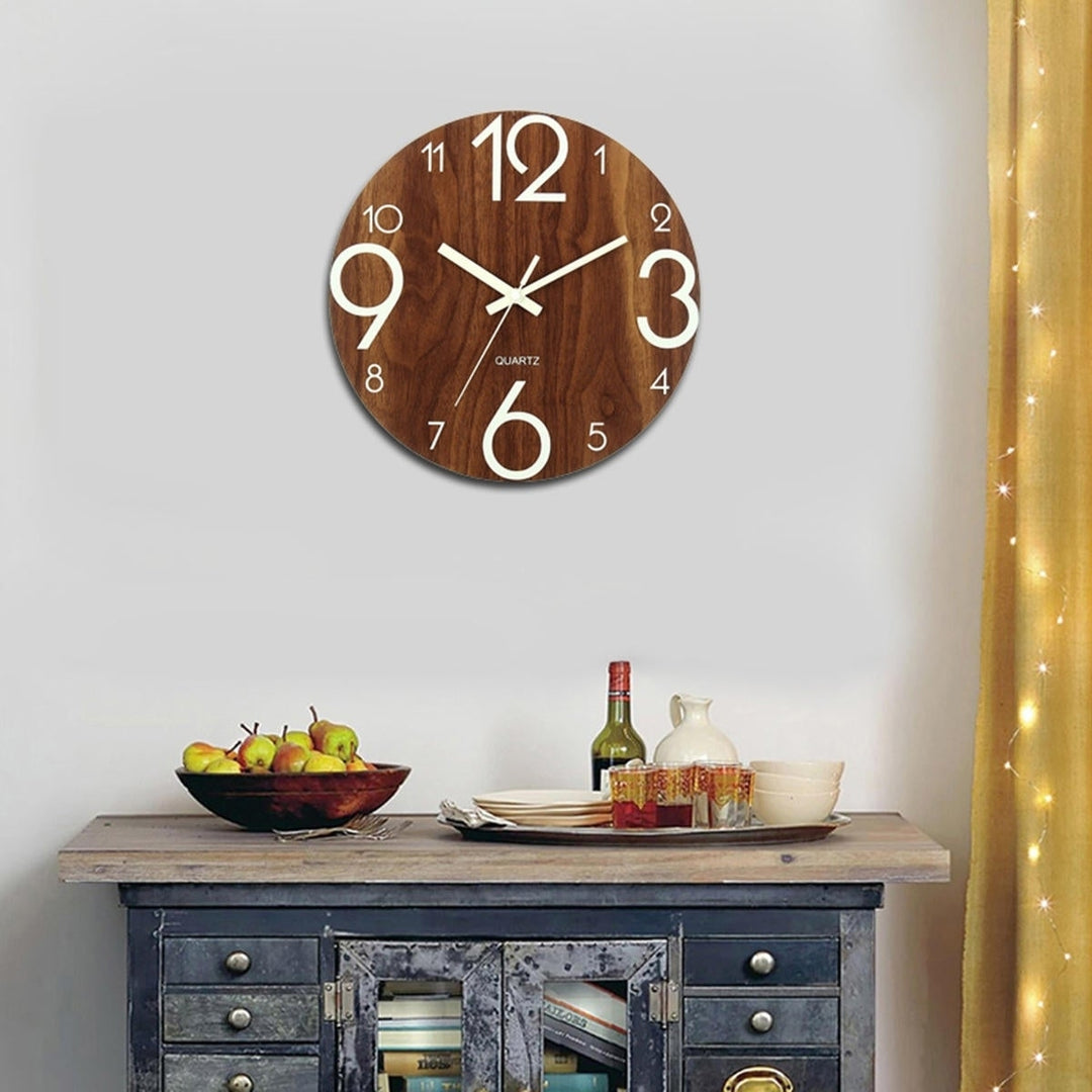 12" Luminous Wall Clock Quartz Wooden Silent Non Ticking Dark Home Room Decor Image 5