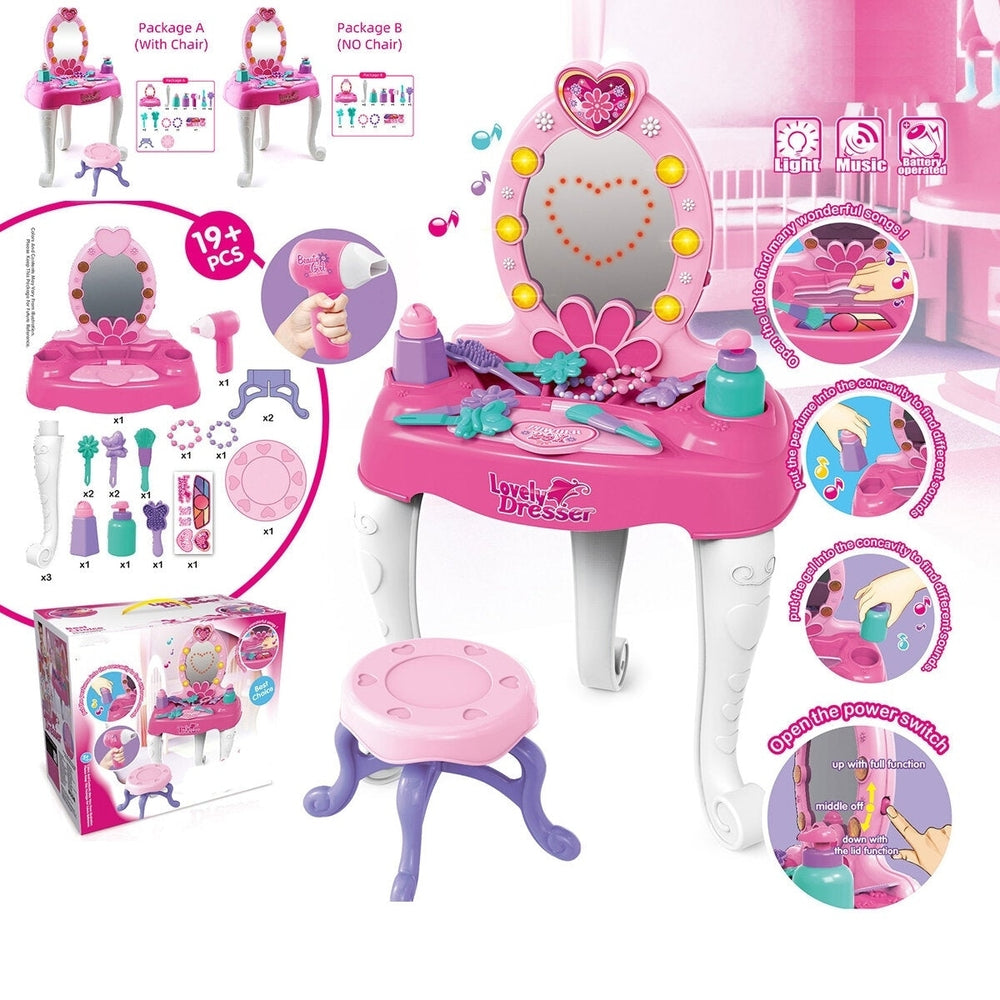 19+ Pcs Simulation Lovely Dresser Kids Makeup Table Play Set Toy with LED Light Music Effect for Kids Girl Gift Image 2