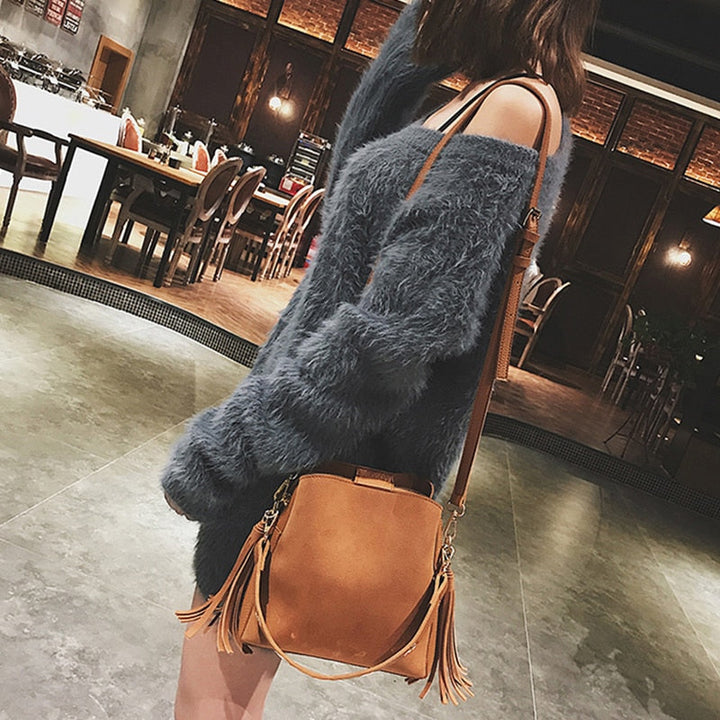 Fashion Scrub Women Bucket Bag Vintage Tassel Messenger Bag fine Retro Shoulder Bag Simple Crossbody Bag DTTT Image 8