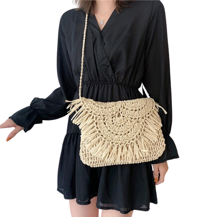 Handmade Rattan Woven Round Handbag Vintage Tassel Straw Rope Knitted Messenger Bag Lady Fresh Summer Beach Image 2