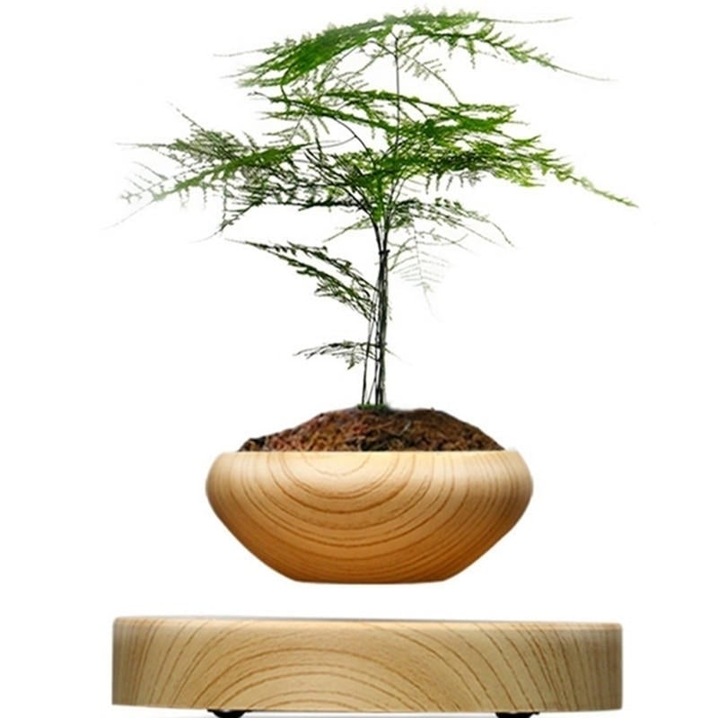 Magnetic Suspended Potted Plant Wood Grain Round LED Indoor Pot Home Office Decoration Image 1