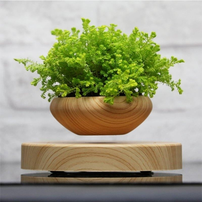 Magnetic Suspended Potted Plant Wood Grain Round LED Indoor Pot Home Office Decoration Image 4