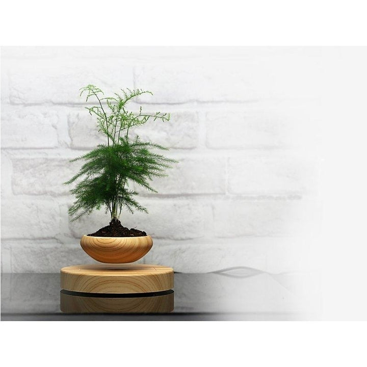 Magnetic Suspended Potted Plant Wood Grain Round LED Indoor Pot Home Office Decoration Image 6