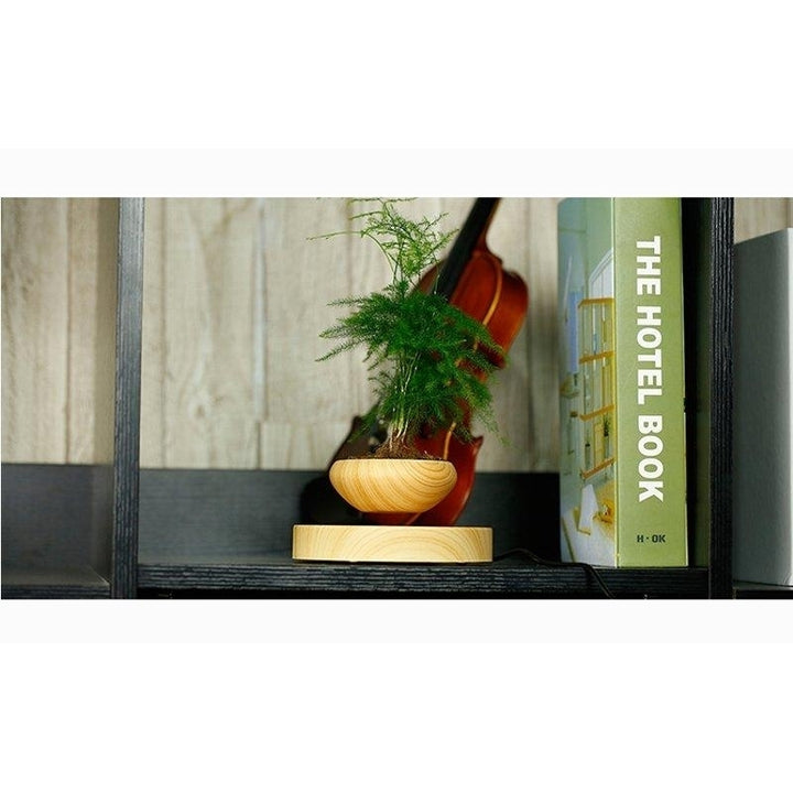 Magnetic Suspended Potted Plant Wood Grain Round LED Indoor Pot Home Office Decoration Image 7