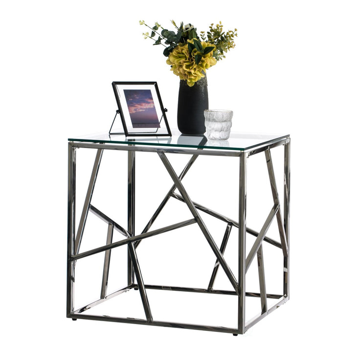 Modern Square End Side Table Tempered Glass Top Metal Coffee Table 21.75" Image 3