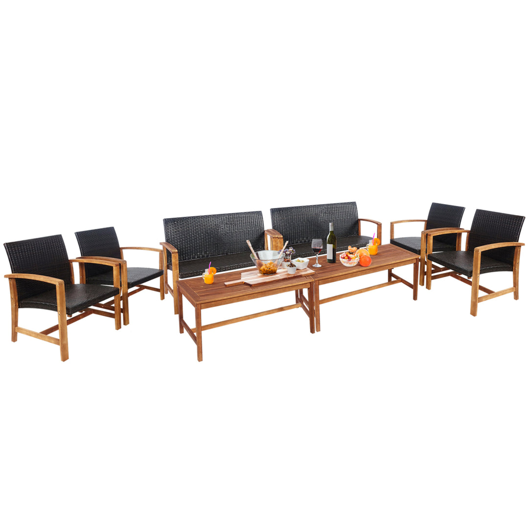 8PCS Patio Conversation Set Outdoor Furniture Set w/ Acacia Wood Frame Image 1