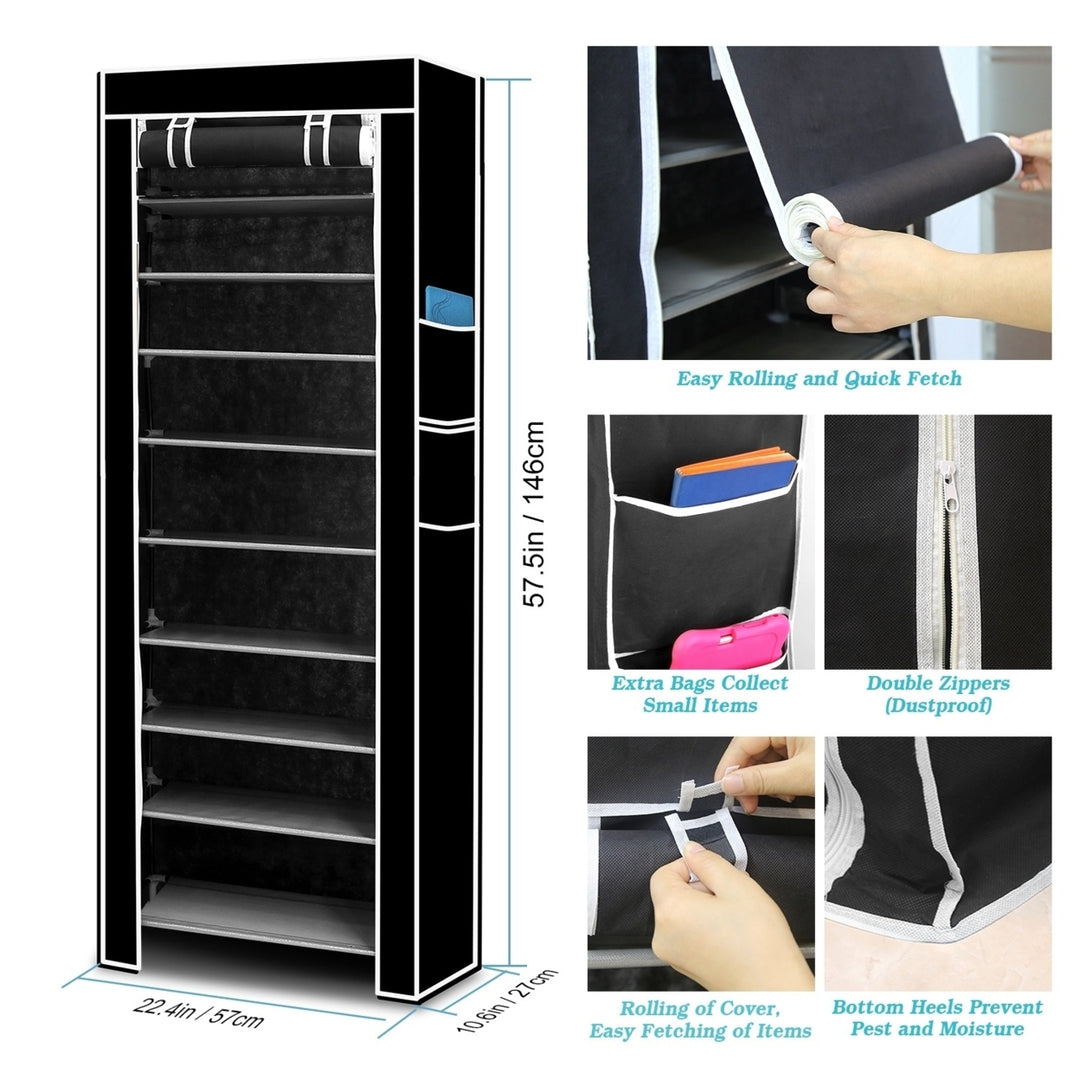 10 Tiers Shoe Cabinet Black Fabric Easy Assemble Dustproof Organizer Rack 27 Pairs Image 7