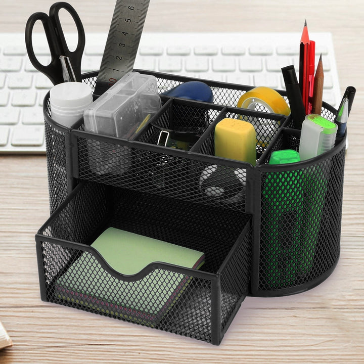 Metal Mesh Pencil Holder Desk Organizer 9 Compartments Hot Pink Portable Storage Image 4