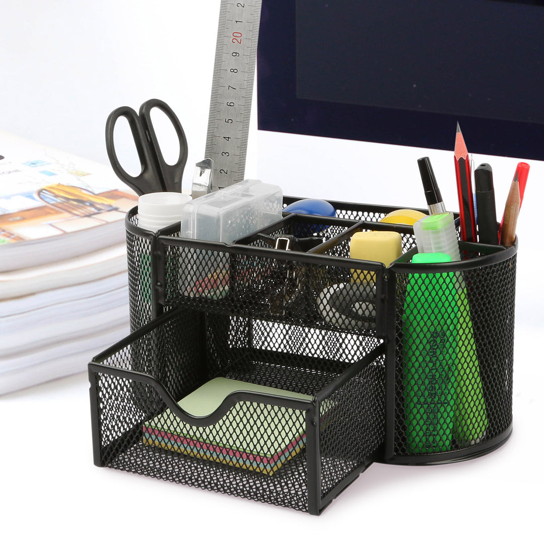 Metal Mesh Pencil Holder Desk Organizer 9 Compartments Hot Pink Portable Storage Image 5