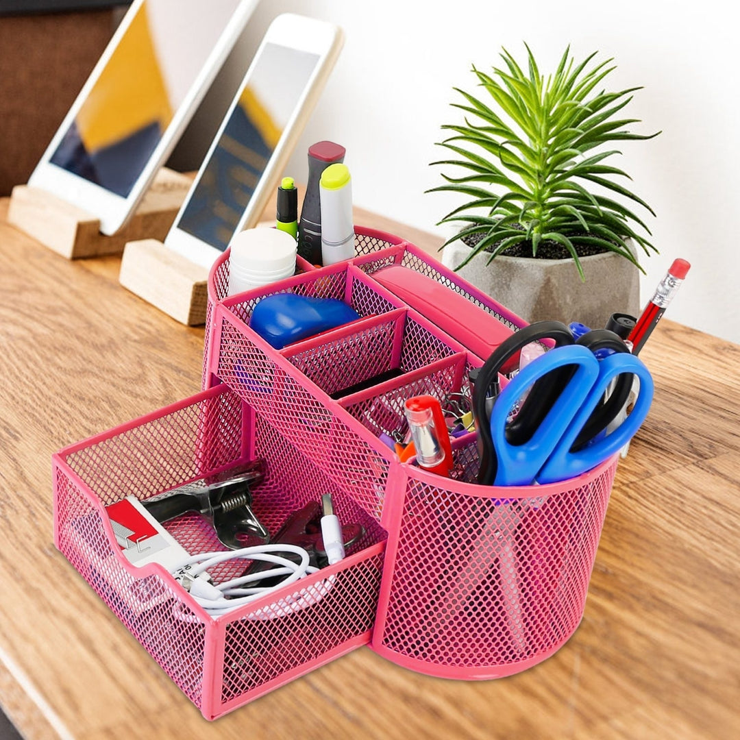 Metal Mesh Pencil Holder Desk Organizer 9 Compartments Hot Pink Portable Storage Image 6