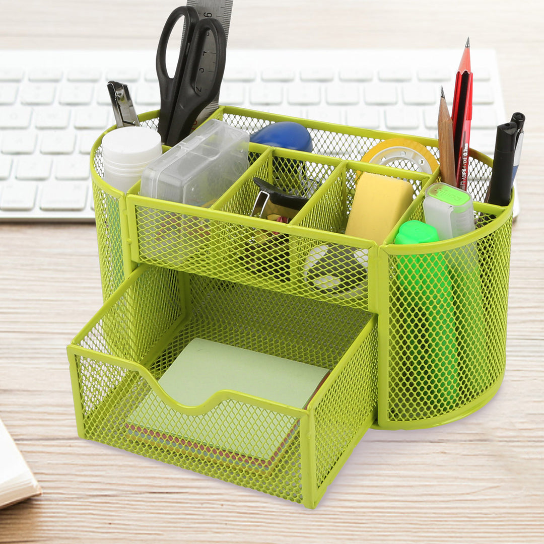 Metal Mesh Pencil Holder Desk Organizer 9 Compartments Hot Pink Portable Storage Image 7