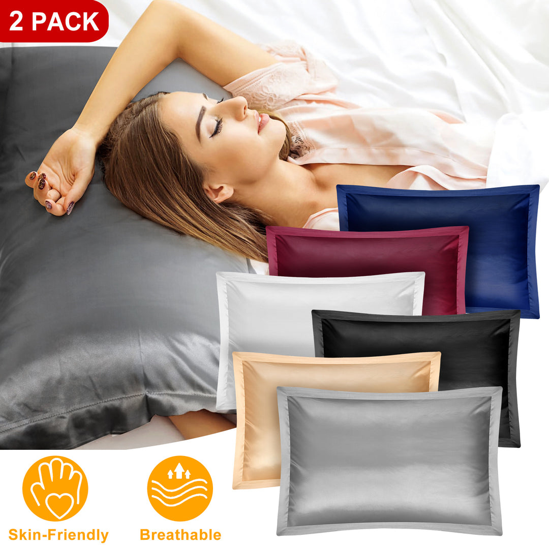 2 Pack Silky Satin Pillowcases Hypoallergenic Breathable Queen Size Multiple Colors Image 1